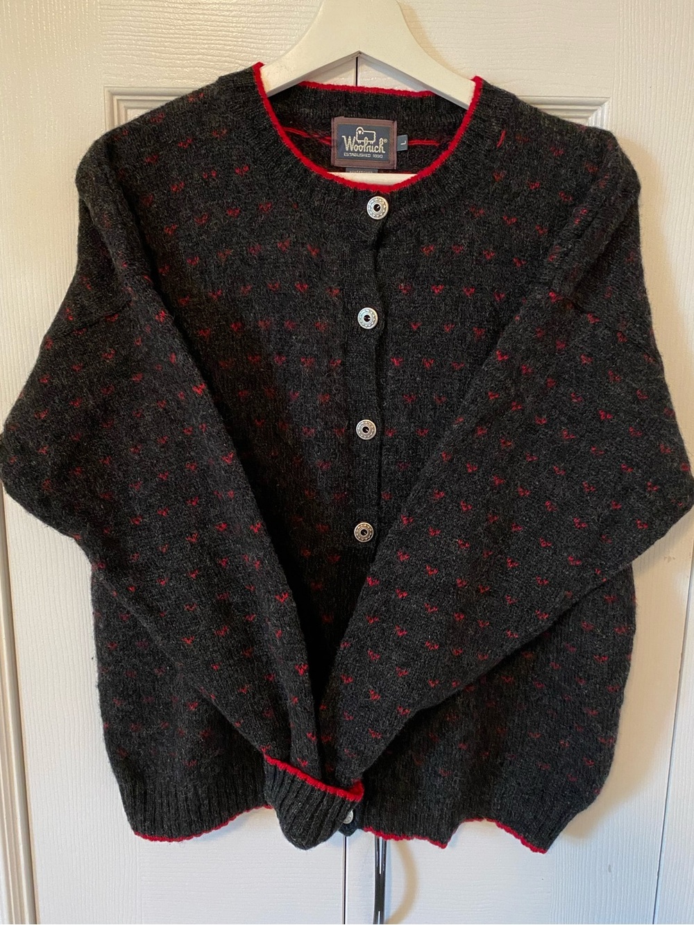 Woolrich Charcoal Grey with Red Birds Eye stitch  Cardigan Pewter buttons Large